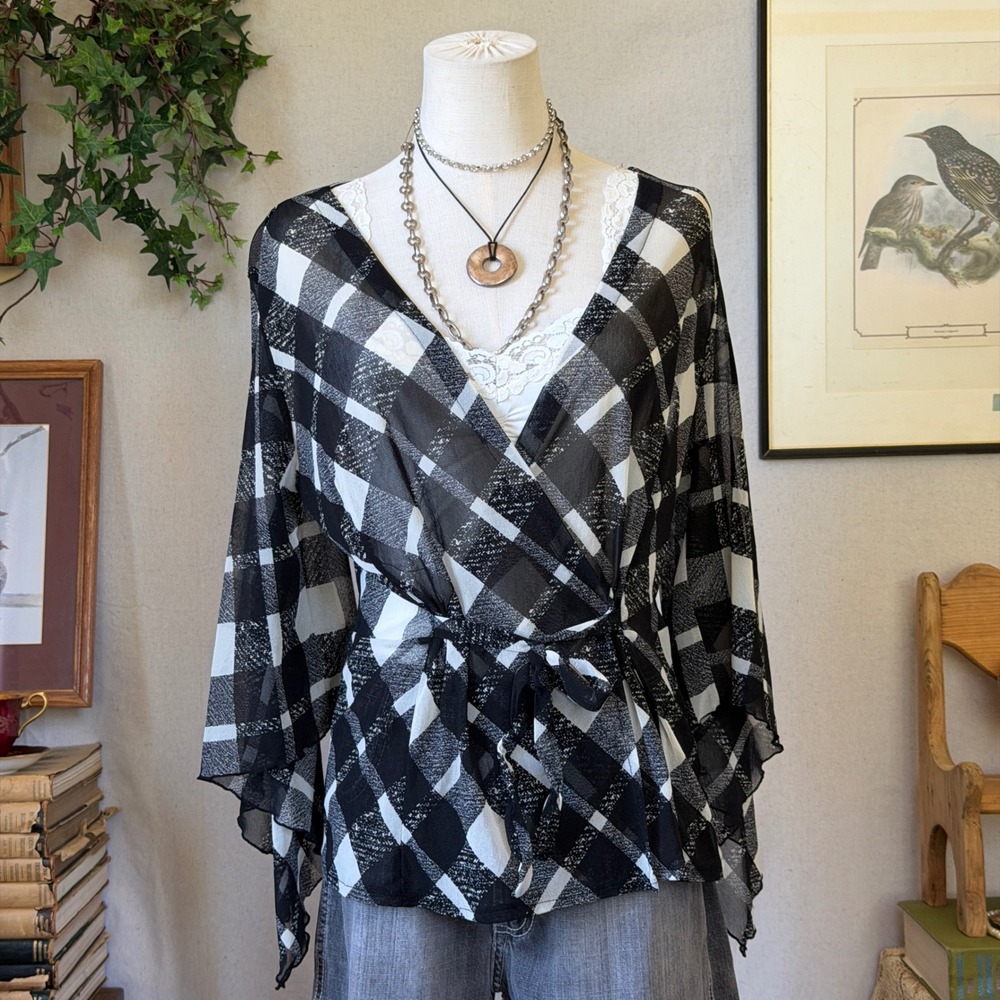Black Plaid Sheer Wrap Top Romantic Girly Grunge Y2K Vintage Large